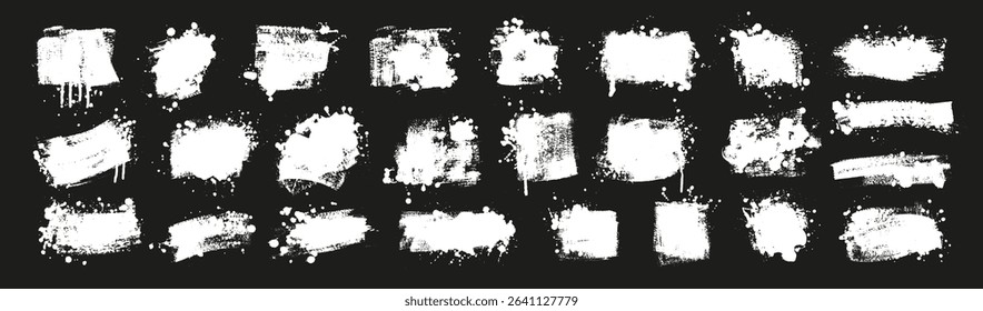 Set of grunge textures with splatters. Liquid paint drops. Messy abstract ink blots. Dirty hand painted backdrop. Distressed art design. Frame, place for text. Quote box. Poster. Overlay texture. 