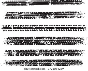 set of grunge tire track textures and tire tread patterns, black ink automotive skid marks and burnout traces for racing design, isolated vector art