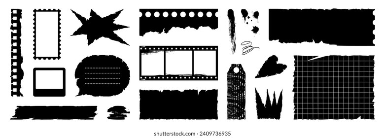 Set of grunge torn paper, film strip, jagged rectangle. Heart, star and crown shape. Punk elements for sticker, collage, banner. Vector illustration isolated on white background.
