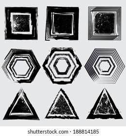 Set of grunge triangles,squares and hexagons. Vector