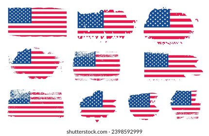 set of Grunge US Flag brush stroke effect or United States of America flag with watercolor paint brush strokes texture design red and blue color. grunge texture design  USA Flag bundle.