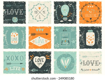 Set of grunge Valentine's day or wedding design elements