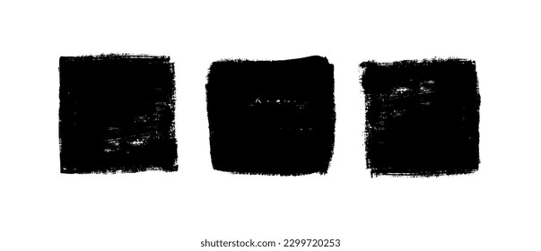 Conjunto de cuadrados pintados de negro vectorial grueso o formas rectangulares. Ataques de pincel dibujados a mano aislados en blanco. Marcos de diseño, bordes o plantillas de texto sucios.