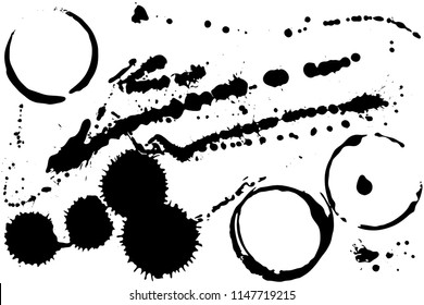 Set of grunge vector coffee cup stains or vine glass marks isolated on white. Ink, wine, water, paint or other liquid cup stains. Spray splashes collection