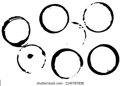 Set of grunge vector coffee cup stains or vine glass marks isolated on white. Ink, wine, water, paint or other liquid cup stains. Spray splashes collection