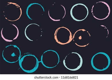 Set of grunge vector coffee cup stains or vine glass marks on a dark. Ink, wine, water, paint or other liquid cup stains. Spray splashes collection