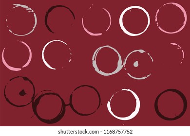 Set of grunge vector coffee cup stains or vine glass marks on burgundy. Ink, wine, water, paint or other liquid cup stains. Spray splashes collection