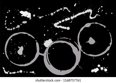 Set of grunge vector coffee cup stains or vine glass marks isolated on black. Ink, wine, water, paint or other liquid cup stains. Spray splashes collection