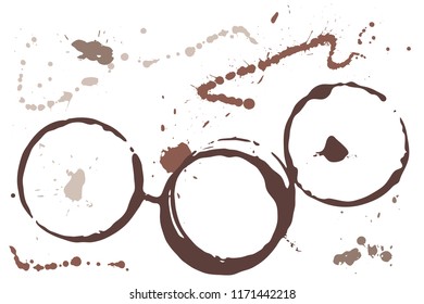 Set of grunge vector coffee cup stains or vine glass marks isolated on white. Ink, wine, water, paint or other liquid cup stains. Spray splashes collection