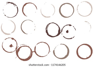 Set of grunge vector coffee cup stains or vine glass marks isolated on white. Ink, wine, water, paint or other liquid cup stains. Spray splashes collection