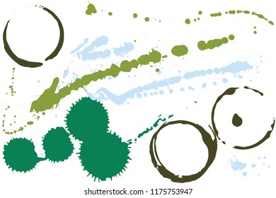 Set of grunge vector coffee cup stains or vine glass marks isolated on white. Ink, wine, water, paint or other liquid cup stains. Spray splashes collection