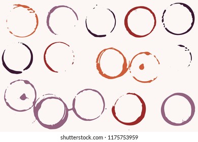 Set of grunge vector coffee cup stains or vine glass marks on a light. Ink, wine, water, paint or other liquid cup stains. Spray splashes collection