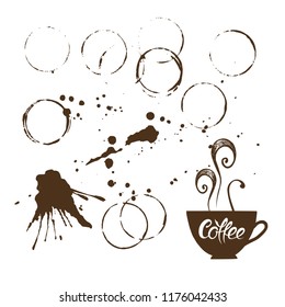 Set of grunge vector coffee cup stains or vine glass marks isolated on white. Ink paint or other liquid cup stains. Spray splashes collection