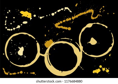 Set of grunge vector coffee cup stains or vine glass marks isolated on black. Ink, wine, water, paint or other liquid cup stains. Spray splashes collection