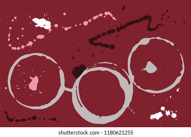 Set of grunge vector coffee cup stains or vine glass marks on burgundy. Ink, wine, water, paint or other liquid cup stains. Spray splashes collection