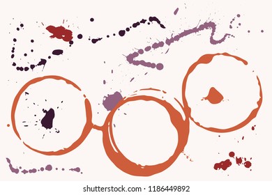Set of grunge vector coffee cup stains or vine glass marks on a light. Ink, wine, water, paint or other liquid cup stains. Spray splashes collection