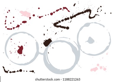 Set of grunge vector coffee cup stains or vine glass marks isolated on white. Ink, wine, water, paint or other liquid cup stains. Spray splashes collection