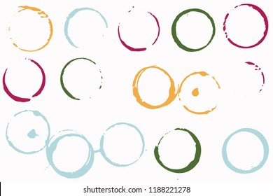 Set of grunge vector coffee cup stains or vine glass marks isolated on white. Ink, wine, water, paint or other liquid cup stains. Spray splashes collection