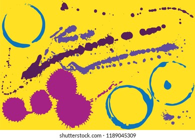 Set of grunge vector coffee cup stains or vine glass marks on bright yellow. Ink, wine, water, paint or other liquid cup stains. Spray splashes collection
