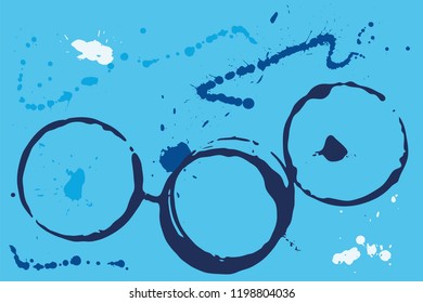 Set of grunge vector coffee cup stains or glass marks on bright blue. Ink, water, paint or other liquid cup stains. Spray splashes collection