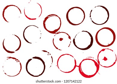 Set of grunge vector coffee cup stains or vine glass marks isolated on white. Ink, wine, water, paint or other liquid cup stains. Spray splashes collection