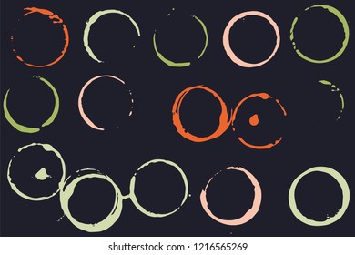 Set of grunge vector coffee cup stains or vine glass marks on a dark. Ink, wine, water, paint or other liquid cup stains. Spray splashes collection
