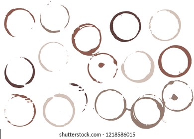 Set of grunge vector coffee cup stains or wine glass marks isolated on white. Ink, wine, water, paint or other liquid cup stains. Spray splashes collection