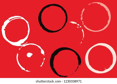 Set of grunge vector coffee cup stains or vine glass marks on red. Ink, wine, water, paint or other liquid cup stains. Spray splashes collection