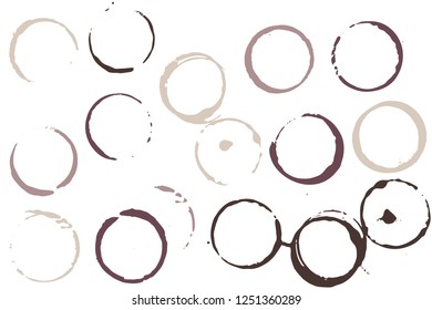 Set of grunge vector coffee cup stains or vine glass marks isolated on white. Ink, wine, water, paint or other liquid cup stains. Spray splashes collection