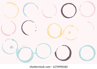 Set of grunge vector coffee cup stains or vine glass marks on light pink. Ink, wine, water, paint or other liquid cup stains. Spray splashes collection