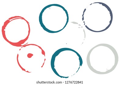 Set of grunge vector coffee cup stains or vine glass marks isolated on white. Ink, wine, water, paint or other liquid cup stains. Spray splashes collection