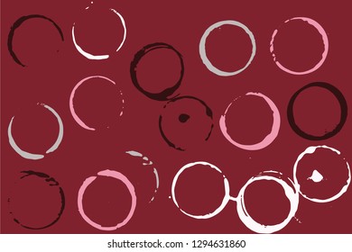 Set of grunge vector coffee cup stains or vine glass marks on burgundy. Ink, wine, water, paint or other liquid cup stains. Spray splashes collection