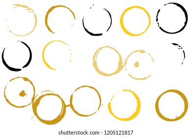 Set of grunge vector cup stains or glass marks isolated on white. Ink, wine, water, paint or other liquid cup stains. Spray splashes collection