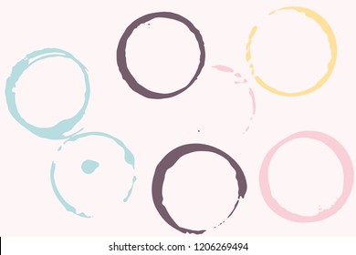 Set of grunge vector cup stains or glass marks on light pink. Ink, wine, water, paint or other liquid cup stains. Spray splashes collection