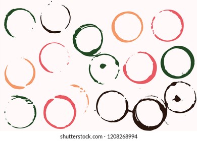 Set of grunge vector cup stains or glass marks on a light. Ink, wine, water, paint or other liquid cup stains. Spray splashes collection
