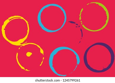 Set of grunge vector cup stains or glass marks on bright pink. Ink, wine, water, paint or other liquid cup stains. Spray splashes collection