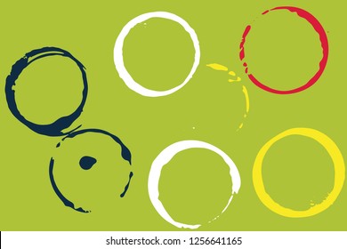 Set of grunge vector cup stains or glass marks on bright green. Ink, wine, water, paint or other liquid cup stains. Spray splashes collection