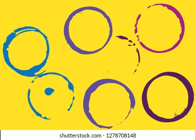 Set of grunge vector cup stains or glass marks on bright yellow. Ink, wine, water, paint or other liquid cup stains. Spray splashes collection