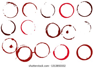 Set of grunge vector cup stains or glass marks isolated on white. Ink, wine, water, paint or other liquid cup stains. Spray splashes collection
