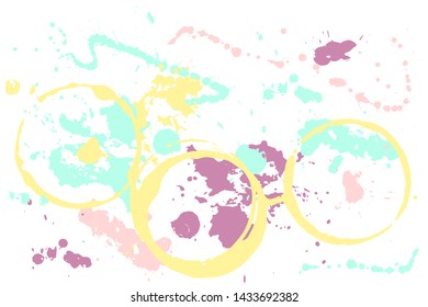 Set of grunge vector cup stains or vine glass marks on light pink. Ink, wine, water, paint or other liquid cup stains. Spray splashes collection