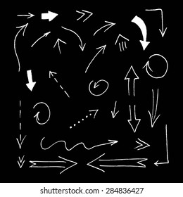 Set of grunge vector hand drawn arrows. Vector hand drawn arrows set.