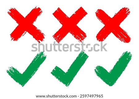 Set of a grunge vector illustration of check marks and cross signs in brush stroke style. The green checkmarks represent approval or correctness, while the red crosses symbolize errors or rejection.