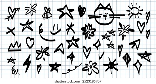 Set of grunge vector illustrations. Elements drawn with pencil. Punk doodle icons for stickers.