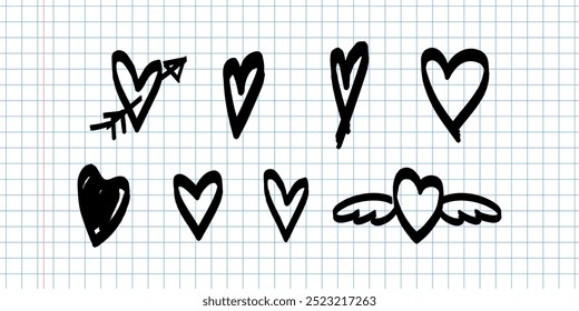 Set of grunge vector illustrations. Hearts drawn with pencil. Punk doodle icons for stickers.