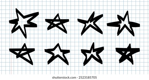 Set of grunge vector illustrations. Stars drawn with pencil. Punk doodle icons for stickers.