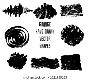 Set of grunge vector ink stains and stamps, circle, wave, messy brush strokes for banners and backgrounds.