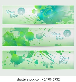 Set of grunge vector templates with ink splashes. Drip splatter paint, colorful horizontal banners