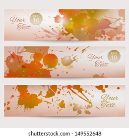 Set of grunge vector templates with ink splashes. Drip splatter paint, colorful horizontal banners
