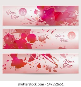 Set of grunge vector templates with ink splashes. Drip splatter paint, colorful horizontal banners