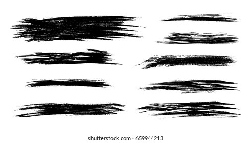 Set of Grunge Vector Texture with Black isolated Paint stripes, dry border in black. Vector brush Strokes, Modern Textured sharps for distressed banner.